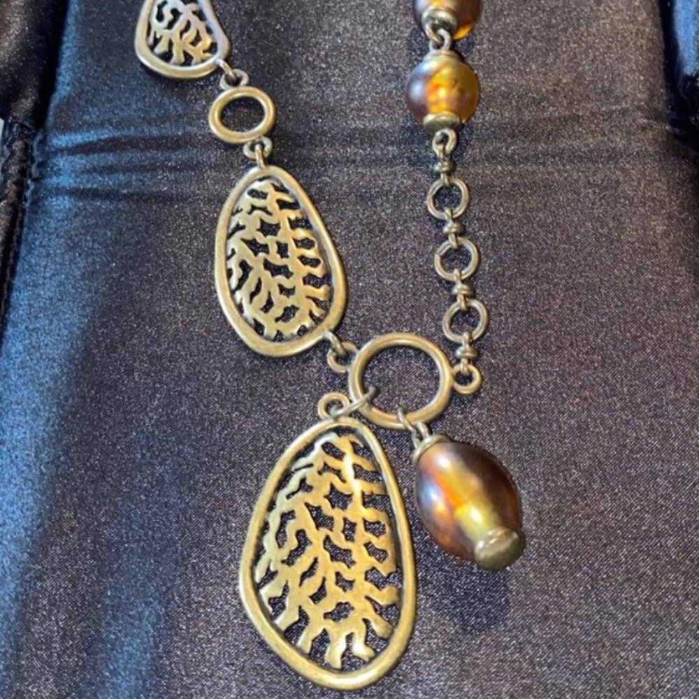 Chicos Gold Tone Leaf Amber Bead Necklace